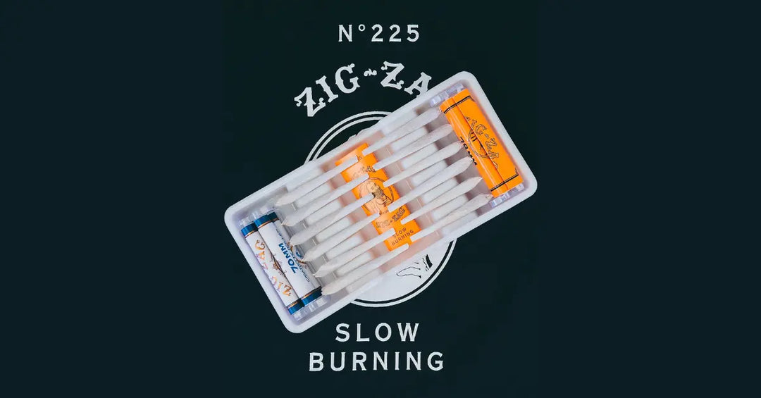 Alternative smoking wraps, including Zig-Zag cones, neatly displayed in a tray with slow-burning branding